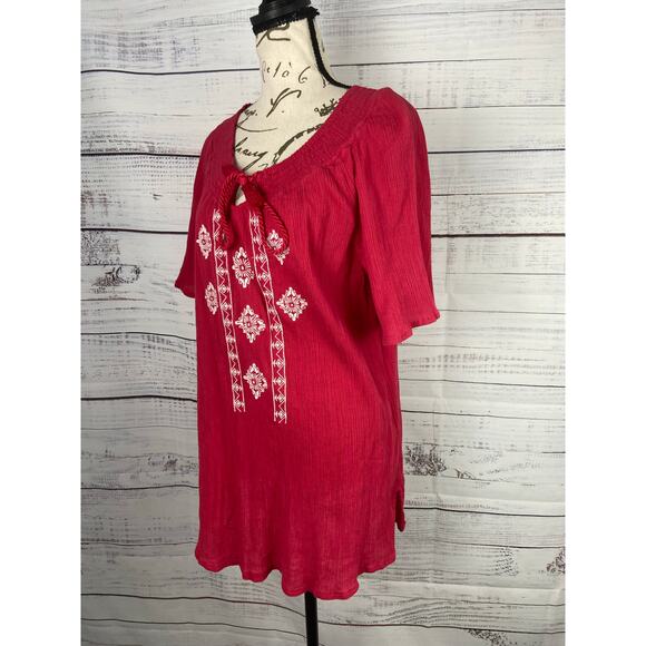 Catherines Top Womens 0X Red Embroidery Crepe Tassel Tie Smocked Neck Cotton - Picture 5 of 10